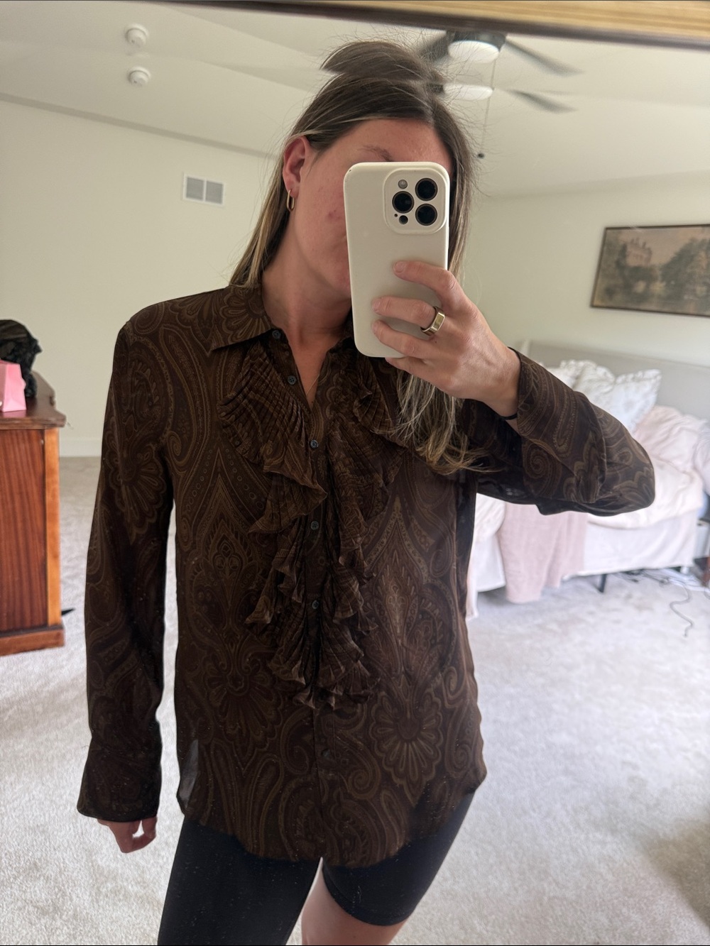 Ralph Lauren 100% silk Ruffled Paisley Long-Sleeve Blouse - Brown size large - Picture 2 of 11